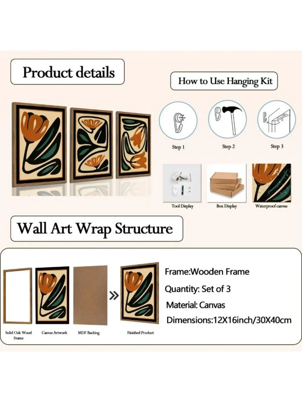 Set of 3 Mid Century Floral Wall Art - Modern Abstract Botanical Decor, 12x16